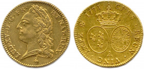 LOUIS XV 1715-1774
Buste lauré et drapé du roi agé. Signature R.FIL. sur la tranche du cou. Héron, marque de Jean Dupeyron. 
R/. Deux écus ovales cour...