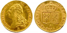 LOUIS XVI 1774-1793
Sa tête nue signée DUVIV. Héron, marque de Jean II Dupeyron de la Coste. 
R/. Deux écus rectangulaires couronnés aux armes de Fran...
