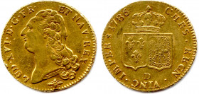LOUIS XVI 1774-1793
Sa tête nue signée DUVIV. Abeille, marque de Jean-Claude Gabet. 
R/. Deux écus rectangulaires couronnés aux armes de France et de ...