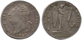 LOUIS XVI Gouvernement Constitutionnel 
14 septembre 1791 - 21 janvier 1793
Tête du roi coiffé d'un catogan. Point dans le O de Louis. Compas pour Cha...