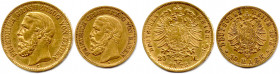 ALLEMAGNE - BADE - FRIEDRICH Grand duc 22 janvier 1858 - 28 septembre 1907
Deux monnaies en or : 20 Mark 1873 G et 10 Mark 1875 G. Karlsruhe. (11,85 g...
