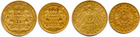 ALLEMAGNE - FRANKFURT Ville libre depuis 1245
Deux monnaies en or : 20 Mark 1897 J et 10 Mark 1878 J.Hambourg. (11,86 g les 2) 450 / 500 €
Très beaux....