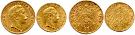 ALLEMAGNE - PRUSSE - WILHELM II 1888-1918
Deux monnaies en or : 20 Mark 1909 A et 10 Mark 1905 A Berlin. (11,92 g les 2) 
Très beaux.
