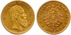 ALLEMAGNE - WÜRTTEMBERG - KARL Roi 
25 juin 1864 - 6 octobre 1891
10 Mark or 1880 F Stuttgart. (3,94 g) 
Rare. Très beau.