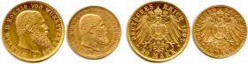 ALLEMAGNE - WÜRTTEMBERG -WILHELM II Roi 6 octobre 1891 - 30 novembre 1918
Deux monnaies en or : 20 Mark 1897 F et 10 Mark 1909 F Stuttgart. (11,92 g l...