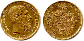 BELGIQUE - LÉOPOLD II 17 décembre 1865 - 17 décembre 1909
20 Francs or 1877. (6,44 g) ♦ Fr 412
Très beau.