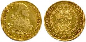 BOLIVIE - CHARLES IV d'Espagne 
14 décembre 1788 - 19 mars 1808
CAROL.IIII.D.G.HISP.ET IND.R. Son buste cuirassé à droite portant le collier de la Toi...