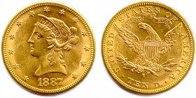 ÉTATS-UNIS D'AMÉRIQUE 
10 Dollars or Liberté 1887 San Francisco. (16,73 g) 
Très beau.