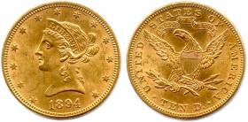 ÉTATS-UNIS D'AMÉRIQUE 
10 Dollars or Liberté 1894 Philadelphie. (16,69 g) 
Très beau.