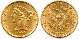 ÉTATS-UNIS D'AMÉRIQUE 
5 Dollars or Liberté 1900 Philadelphie. (8,34 g) 
Très beau.