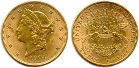 ÉTATS-UNIS D'AMÉRIQUE 
20 Dollars or Liberté 1904 Philadelphie. (33,38 g) 
Très beau.