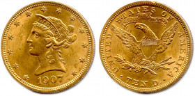 ÉTATS-UNIS D'AMÉRIQUE 
10 Dollars or Liberté 1907 Philadelphie. (16,69 g) 
Petit coup sur la tranche au revers. Très beau.