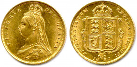 GRANDE-BRETAGNE - VICTORIA 1837-1901
Demi-souverain en or à l'écu 1887 (jubilé) Londres. (4,00 g) 
Superbe.