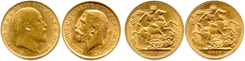 GRANDE-BRETAGNE - ÉDOUARD VII et GEORGE V 
Deux monnaies en or : Souverain 1909 ...