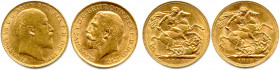 GRANDE-BRETAGNE - ÉDOUARD VII et GEORGE V 
Deux monnaies en or : Souverain 1909 et Souverain 1911. Londres. (15,95 g les 2) 
Superbes.