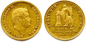 ITALIE - NAPLES - FERDINAND II DE BOURBON 
Roi des Deux Siciles 8 novembre 1830 - 22 mai 1859
3 Ducati d'or 1848. (3,79 g) 
♦ Fr 869
Très rare. Superb...