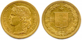 SUISSE État fédéral depuis 1848 
20 Francs 1883 (tranche cannelée). (6,44 g) 
♦ Fr 495
Très beau.