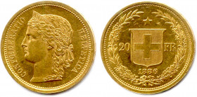 SUISSE 
20 Francs 1886 (tranche inscrite en relief). (6,48 g) 
♦ Fr 495
Superbe.