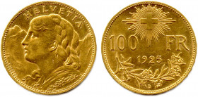 SUISSE 
100 Francs or (type Vrénéli de F. Landry) 
1925 Berne. (32,32 g) 
♦ Fr 502
Petits chocs sur le cou. Très beau/Superbe. 
Monnaie très représent...