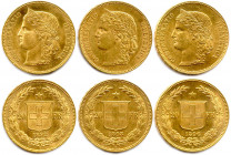 SUISSE 
Trois monnaies en or (tranches inscrites en relief) : 20 Francs 1892 B, 1893 B, 1896 B. (19,36 g) 
Superbes.