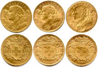 SUISSE 
Trois monnaies en or (type Vrénéli) : 20 Francs 1900 B, 1927 B, 1935 B. (19,35 g) 
Superbes.