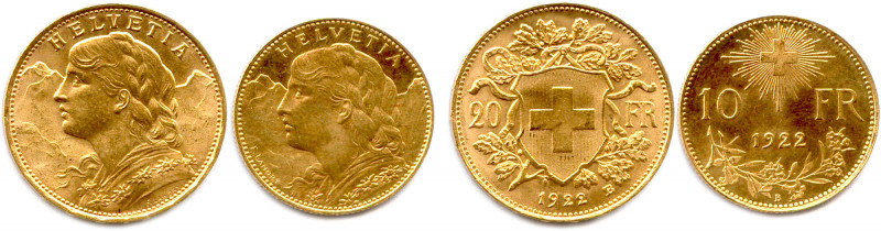 SUISSE 
Deux monnaies en or (type Vrénéli) : 
20 Francs et 10 Francs 1922 B. (9,...