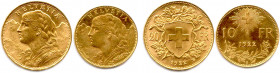SUISSE 
Deux monnaies en or (type Vrénéli) : 
20 Francs et 10 Francs 1922 B. (9,70 g) 
Superbes.