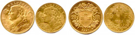 SUISSE 
Deux monnaies en or (type Vrénéli) : 
20 Francs 1947 B et 10 Francs 1922 B. (9,68 g) 
Superbes.