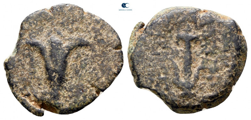 Judaea. Jerusalem. John Hyrcanus I 135-104 BC. 
Prutah Æ

15 mm, 2,17 g


...