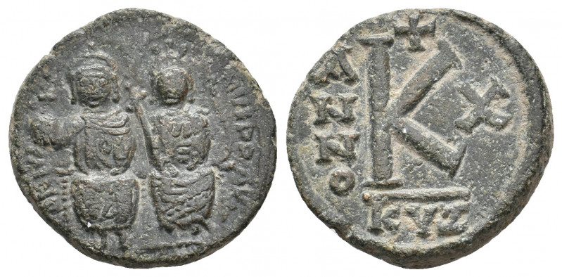 JUSTIN II with SOPHIA, 565-578 AD. AE, Half Follis. Kyzikus. 6.59 g. 21.10 mm.