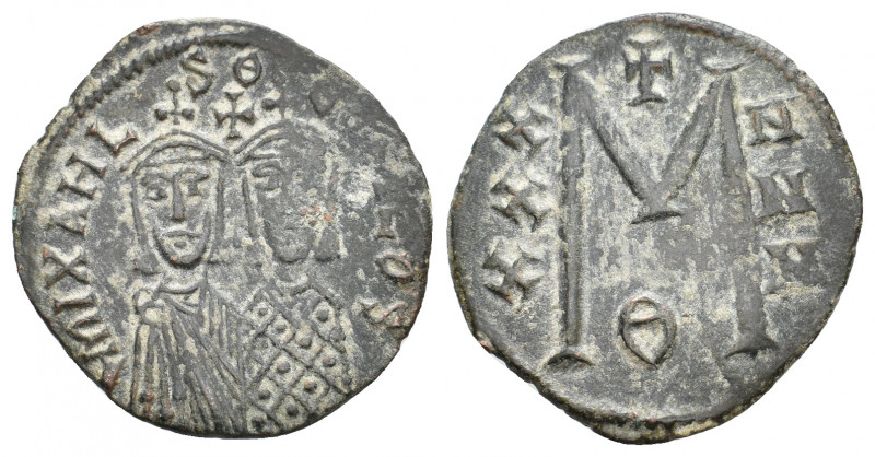 MICHAEL II THE AMORIAN with THEOPHILUS, 820-829 AD. AE, Follis. Constantinople. ...