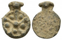 PB Byzantine-Medieval Seal.
Obv: Five-spoked wheel with pellets.
Rev: Plain
Condition: VF.
Weight: 5.0 g.
Diameter: 21.5 mm.