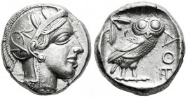 Attica. Tetradrachm. 454-404 BC. Athens. (Gc-2526). (Sng Cop-31). Anv.: Head of Athena right. Rev.: Owl standing to right with head facing, olive spri...