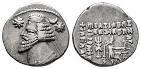 Kingdom of Parthia. Orodes II. Drachm. 57-38 BC. Ekbatana. (Sunrise-381). (Sellwood-48.9). Anv.: Diademed bust left; star before, crescent and star be...