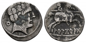Areikoratikos-Arekoratas. Denarius. 150-20 BC. Agreda (Soria). (Abh-105). (Acip-1773). Anv.: Male head right, iberian letter KU with central pellet be...