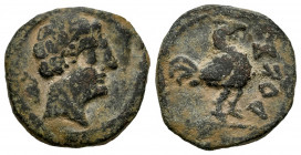Arekoratas. Half unit. 150-20 BC. Agreda (Soria). (Abh-92). (Acip-1780). (CC-2077 similar). Anv.: Male head right, dolphin and iberian letters SOS beh...