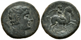 Baitolo. Unit. 50 BC. Badalona (Barcelona). (Abh-190). (Acip-1378). Anv.: Male head right, rudder behind. Rev.: Horseman right, holding palm, iberian ...