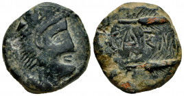 Carmo. Unit. 80 BC. Carmona (Sevilla). (Abh-466). Anv.: Head of Hercules right, with lion skin. Rev.: Two ears of corn right, CARM(O) in between. Ae. ...