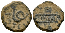 Carthage Nova. Half unit. 50-30 a.C. Cartagena (Murcia). (Abh-569). (Acip-2525). (C-1). Anv.: Serpent, around P. ATELIV. Rev.: Sign containing L. FABR...