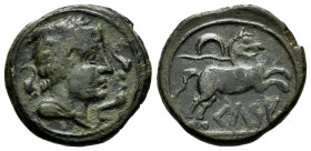 Kelse-Celsa. Half unit. 120-50 BC. Velilla de Ebro (Zaragoza). (Abh-782). Anv.: Male head right, three dolphins around. Rev.: Horse right, crescent ab...