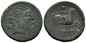 Clounioq. Unit. 120-40 BC. Coruña del Conde (Burgos). (Abh-834). Anv.: Male head to right, in front of dolphin, behind Iberian letter KO horizontal. R...