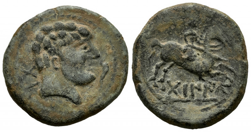 Tabaniu. Unit. 120-20 BC. Area of Aragon. (Abh-884). Anv.: Male head right, dolp...