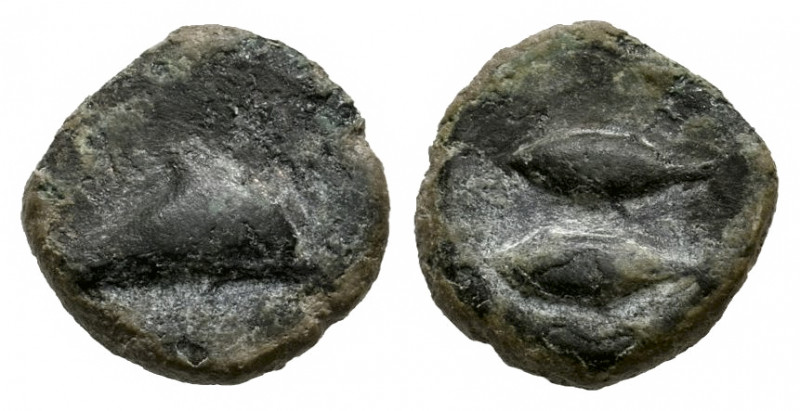 Gades-Gadir. 1/8 calco. 300-200 BC. Cadiz. (Abh-1306). Anv.: Dolphin right. Rev....