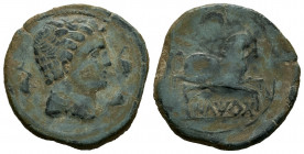 Iltirta. Half unit. 200-20 BC. Lleida (Cataluña). (Abh-1462). Anv.: Male head right, three dolphins around. Rev.: Horse right, crescent above, iberian...