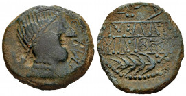 Obulco. Unit. 220-20 BC. Porcuna (Jaén). (Abh-1791). Anv.: Female head right, OBVLC before. Rev.: Plow left, iberian letter TA above ear of corn, iber...