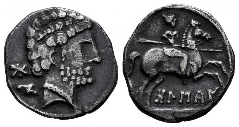 Bolskan. Denarius. 180-20 BC. Huesca. (Abh-1911). Anv.: Bearded head right, iber...