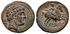 Bolskan. Fourée Denarius. 180-20 BC. Huesca. (Abh-1911). (Acip-1417). Anv.: Bearded head right, iberian letters BON behind. Rev.: Horseman right, hold...