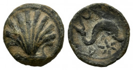 Arse-Saguntum. Quadrans. 170-20 BC. Sagunto (Valencia). (Abh-2052). Anv.: Seashell. Rev.: Dolphin right, crescent above, iberian letters A, A, I and t...