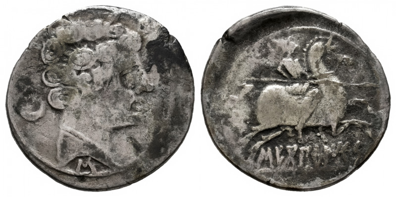 Sekobirikes. Denarius. 120-30 BC. Saelices (Cuenca). (Abh-2169). Anv.: Male head...