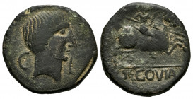 Segovia. Unit. 30-20 BC. Segovia. (Abh-2193). (Acip-1867). Anv.: Head of Augustus right, C. L on the sides. Rev.: Horseman right, holding spear, SEGOV...